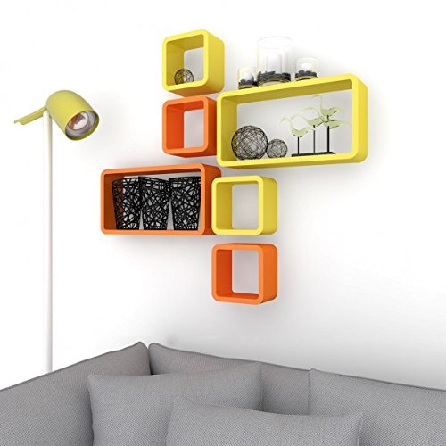 Set Of 6 Cube Rectangle Wall Shelves for Storage & Display – Orange & Yellow
