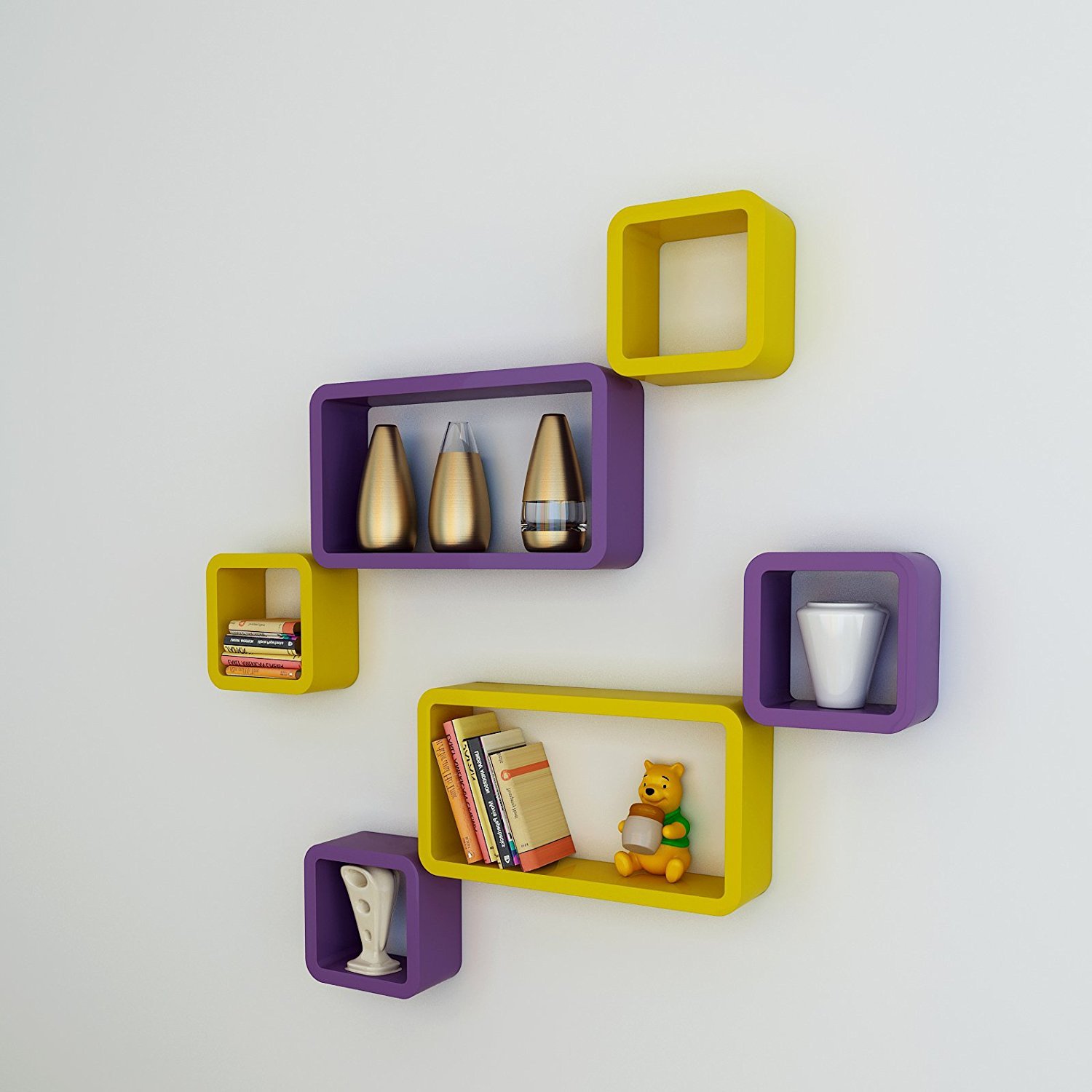Set Of 6 Cube Rectangle Wall Shelves for Storage & Display – Purple & Yellow