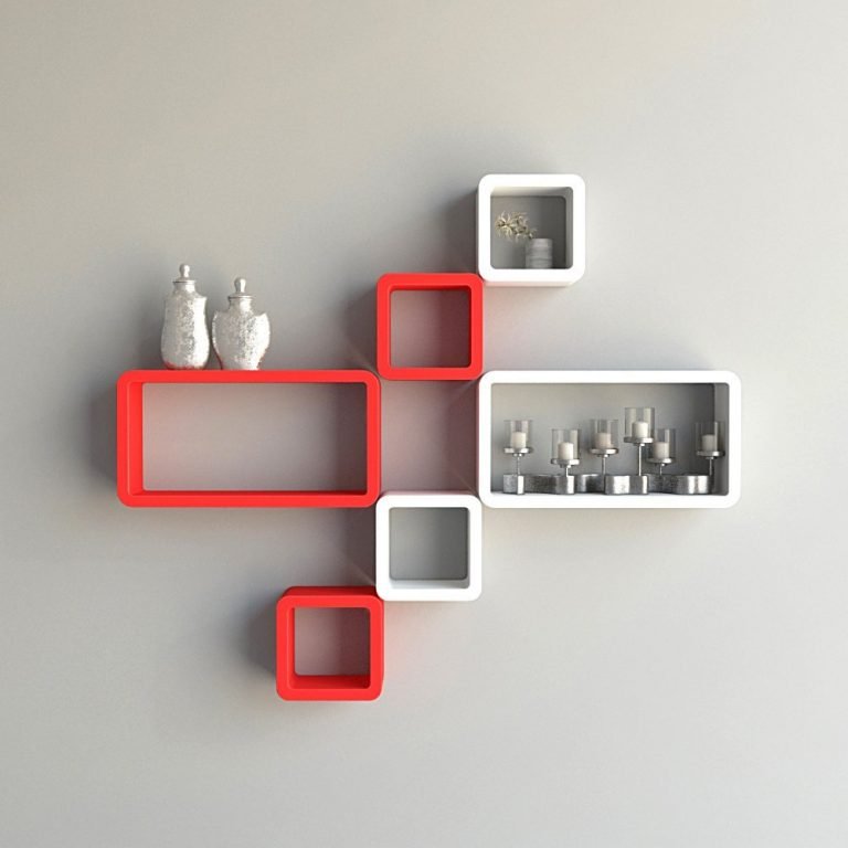 Wall Shelf Set 6 Cube Rectangle Shelves Red And White