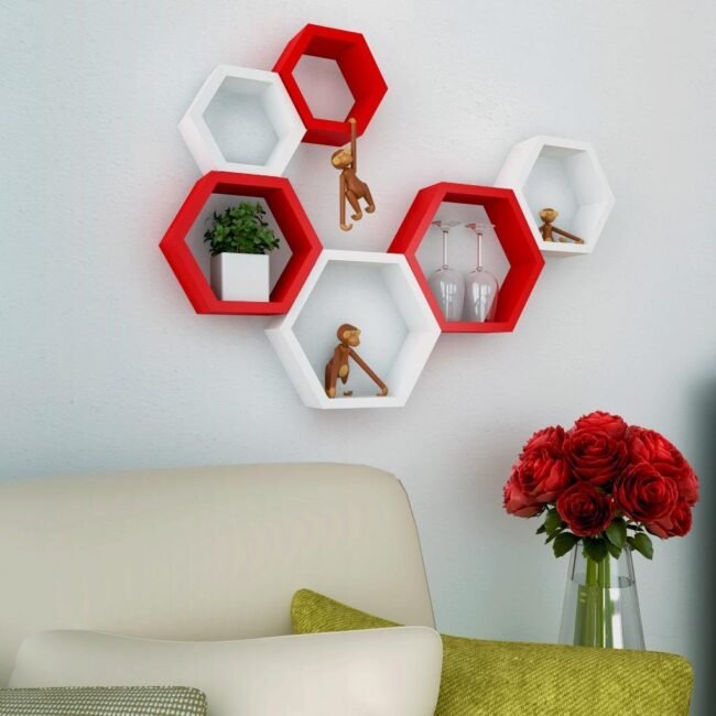 red white decorative wall shelves