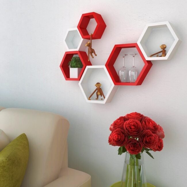 red white hexagon wall shelves for sale