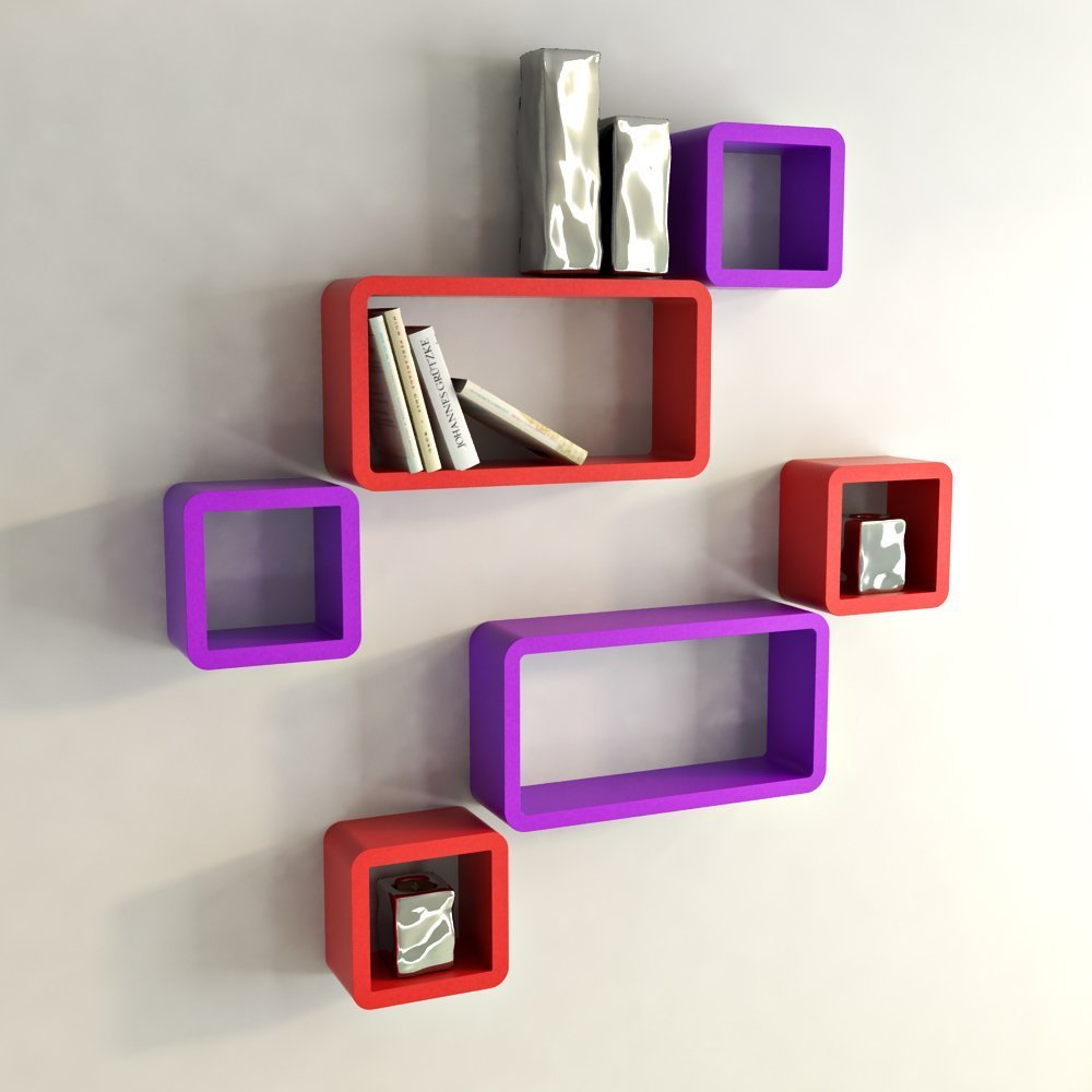 Set Of 6 Cube Rectangle Wall Shelves for Storage & Display – Purple & Black