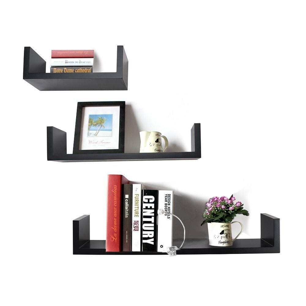 Set of 3 U Shape Floating Wall Shelves for Storage & Display – Black