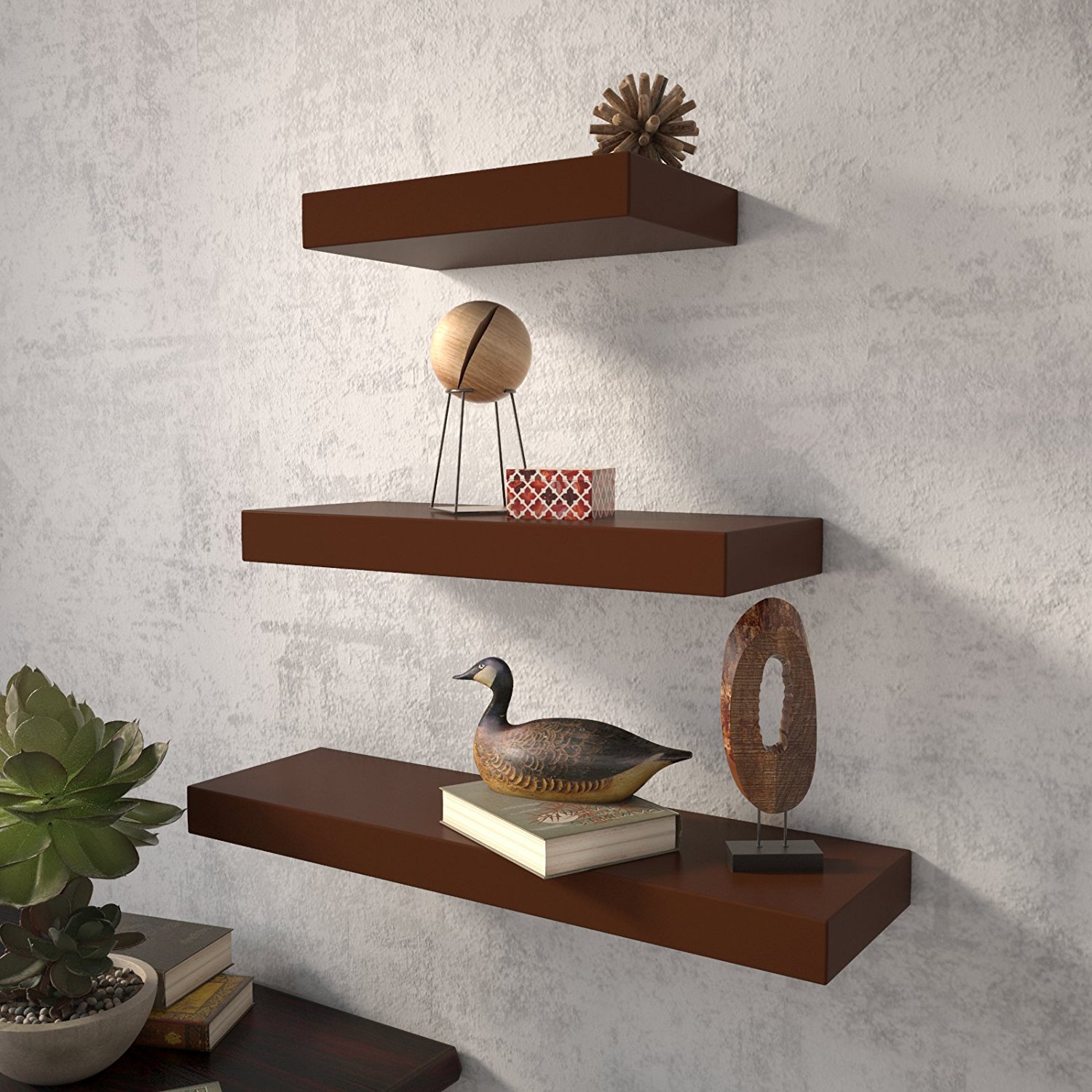 Set Of 3 (24x7IN 18x7IN 12x7IN) Floating Wall Shelves for Storage & Display – Brown