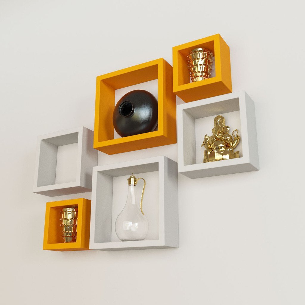Set Of 6 Nesting Square Wall Shelves for Storage & Display – Orange & White