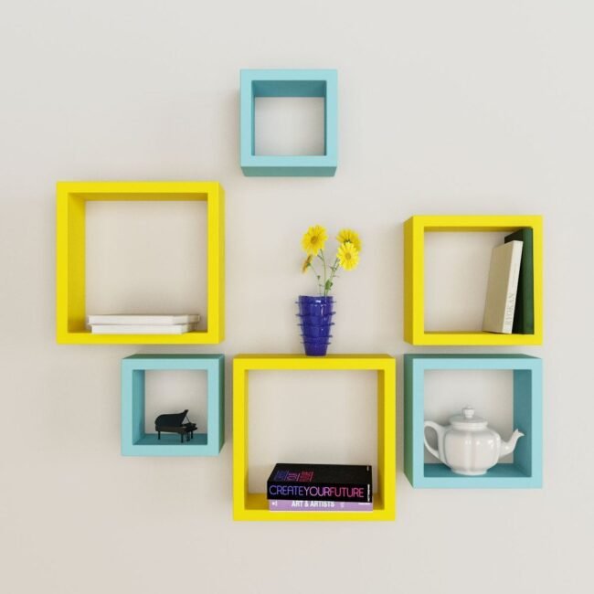 set of 6 nesting square skyblue yellow wall shelves for sale