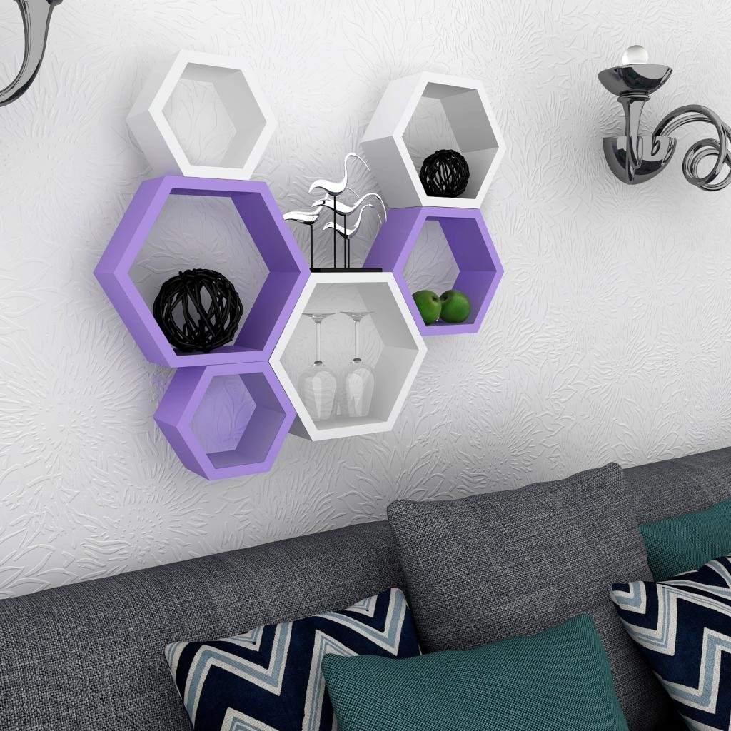 Set Of 6 Hexagon Wall Shelves for Storage & Display – Purple & White