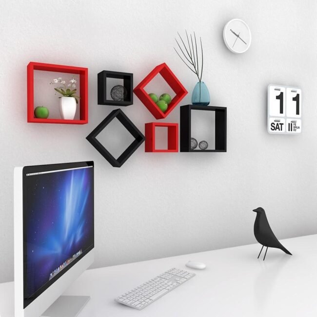 set of 6 red black nesting square wall shelves