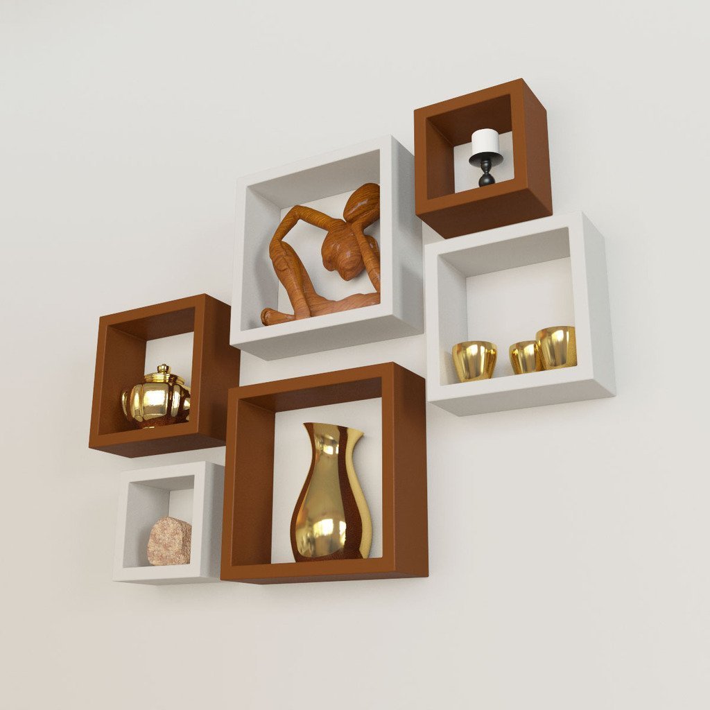Set Of 6 Nesting Square Wall Shelves for Storage & Display – White & Brown