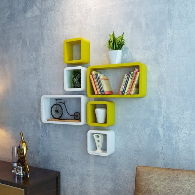set of 6 yellow white cube rectangle wall shelf brackets for decoration