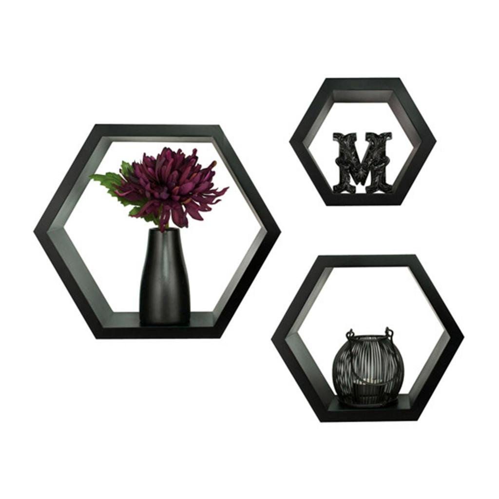 Set Of 3 Hexagon Wall Shelves for Storage & Display – Black