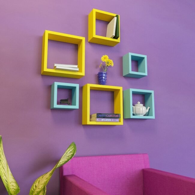 skyblue yellow wall shelves for home decor