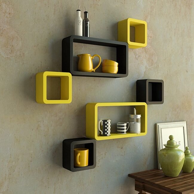 wall decor cube rectangle wall shelves yellow black