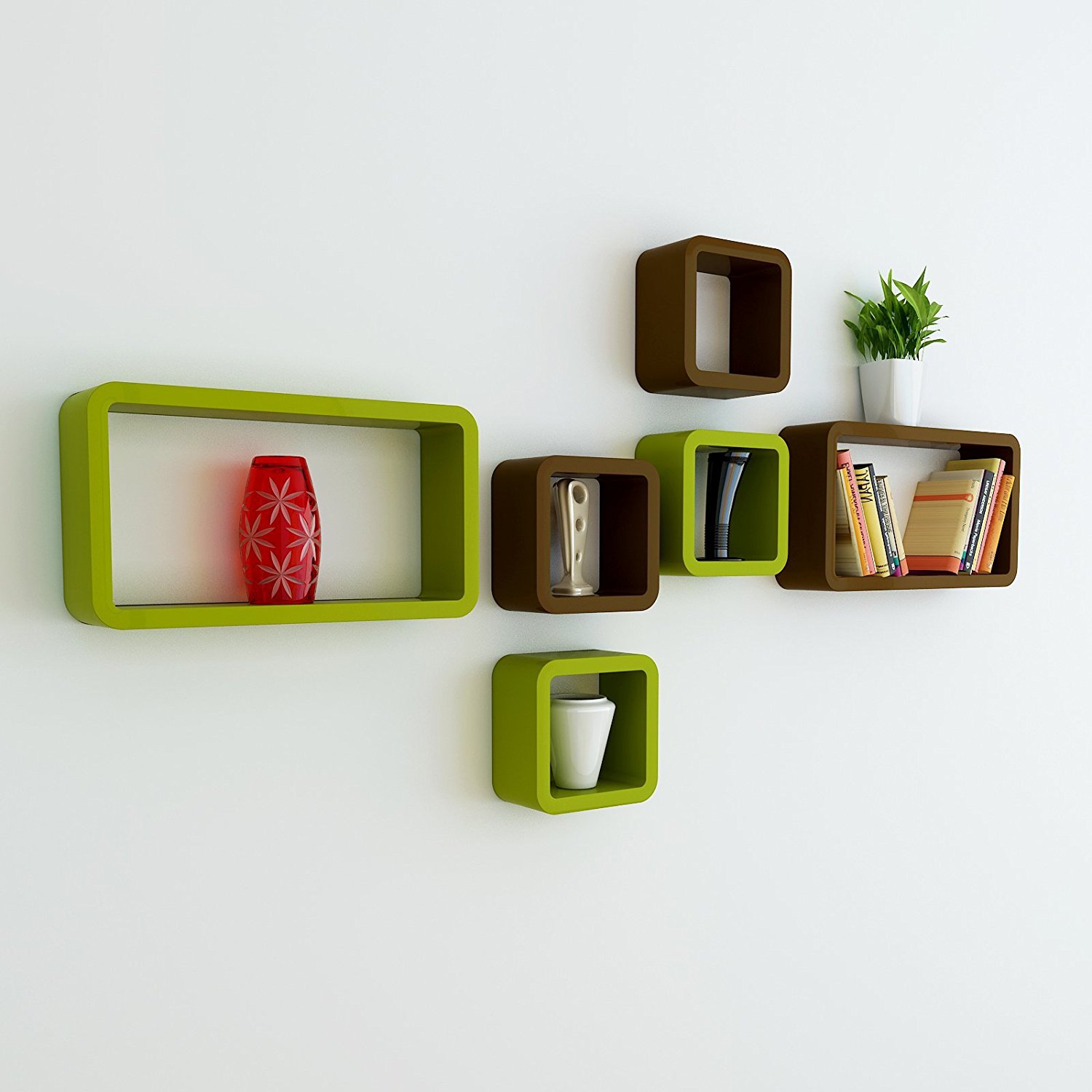 Set Of 6 Cube Rectangle Wall Shelves for Storage & Display – Green & Brown