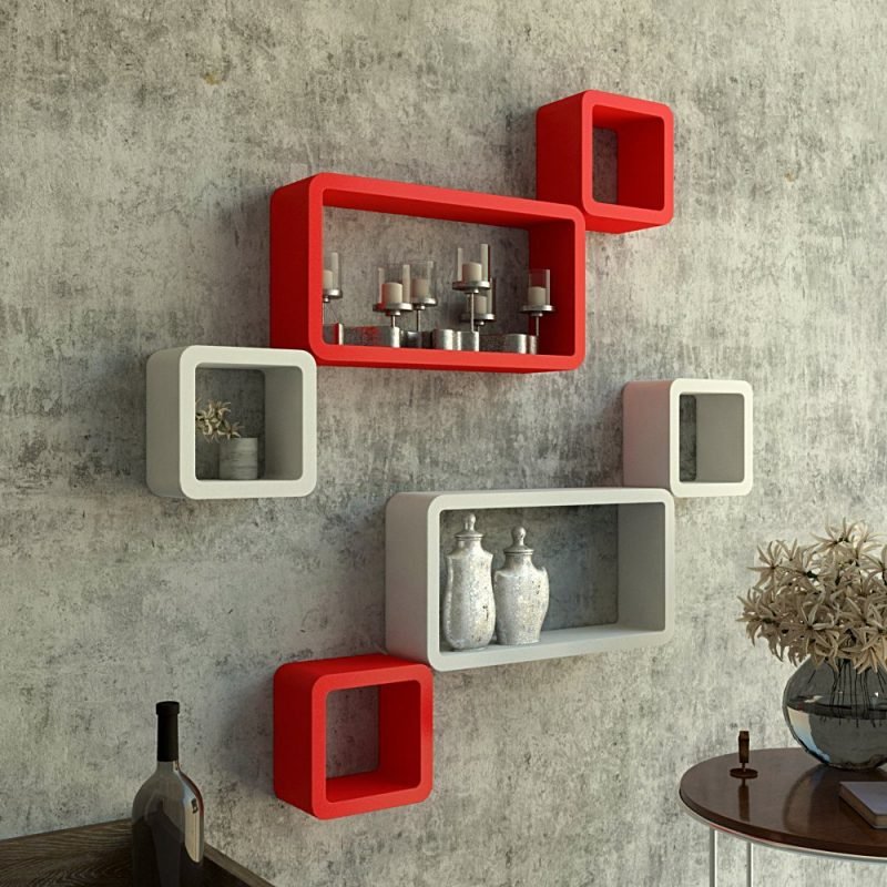 Wall Shelf Set 6 Cube Rectangle Shelves Red And White