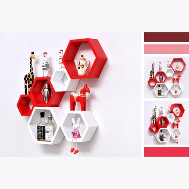 wall mounted hexagon wall shelves red white
