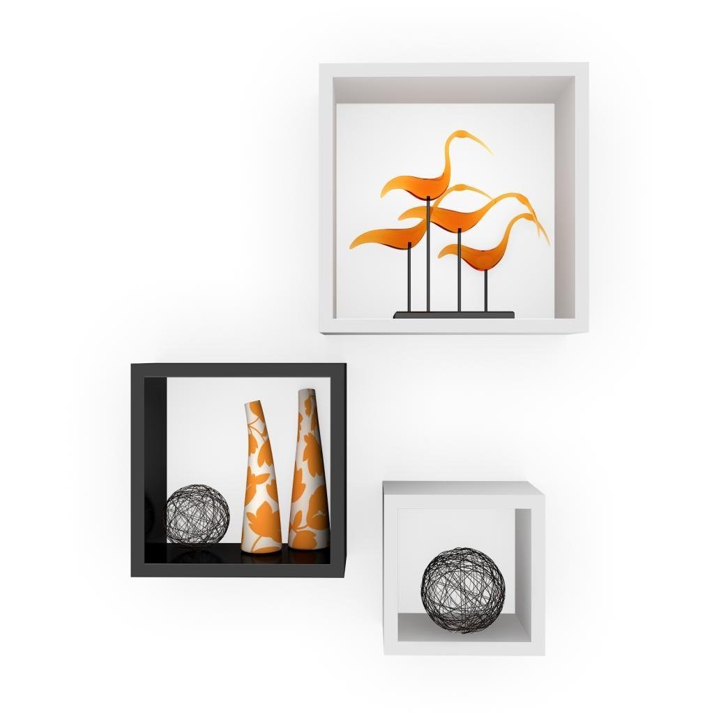 Set Of 3 Nesting Square Wall Shelves for Storage & Display – White & Black