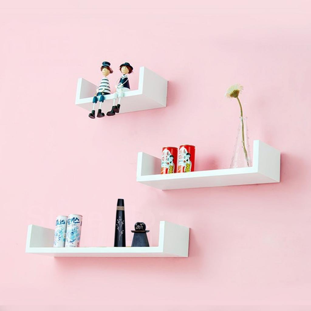 Set of 3 U Shape Floating Wall Shelves for Storage & Display – White