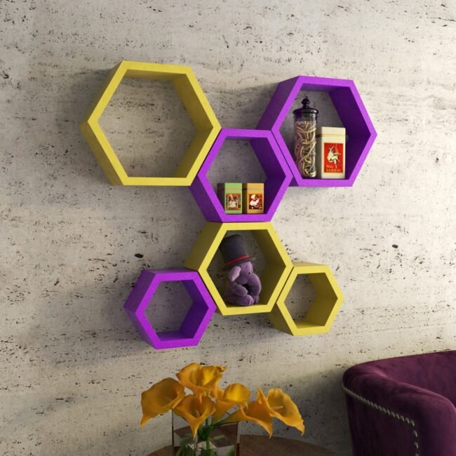 yellow purple wall mounted storage wall shelves