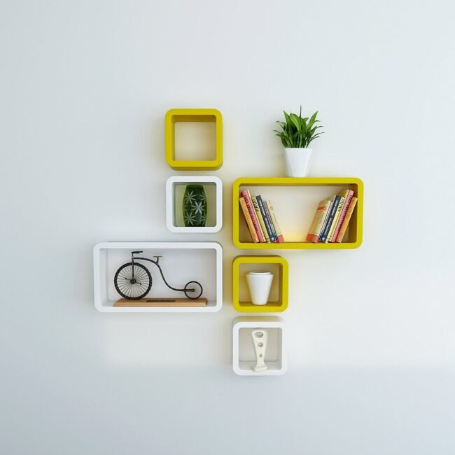 yellow white cube rectangle wall shelves for home decor