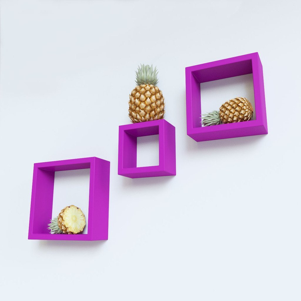 Set of 3 Nesting Square Floating Wall Shelves for Storage & Display – Purple