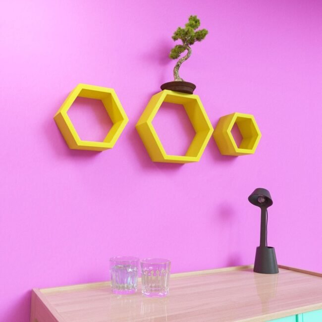 contemporary yellow hexagon wall shelves