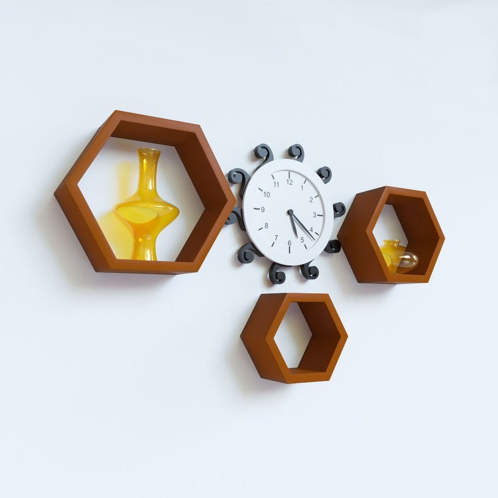 Set Of 3 Hexagon Wall Shelves for Storagw & Display – Brown