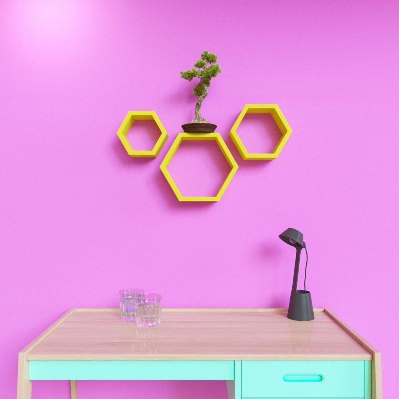 Set of 3 Hexagon Wall Shelves Yellow DecorNation