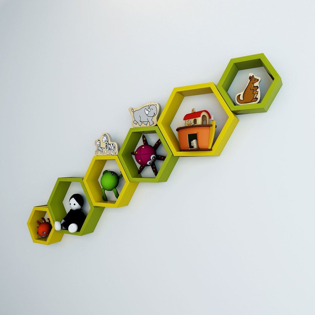 Set Of 6 Hexagon Wall Shelves for Storage & Display – Yellow & Green