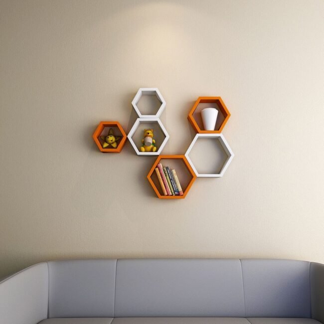 designer hexagon orange white wall shelf brackets