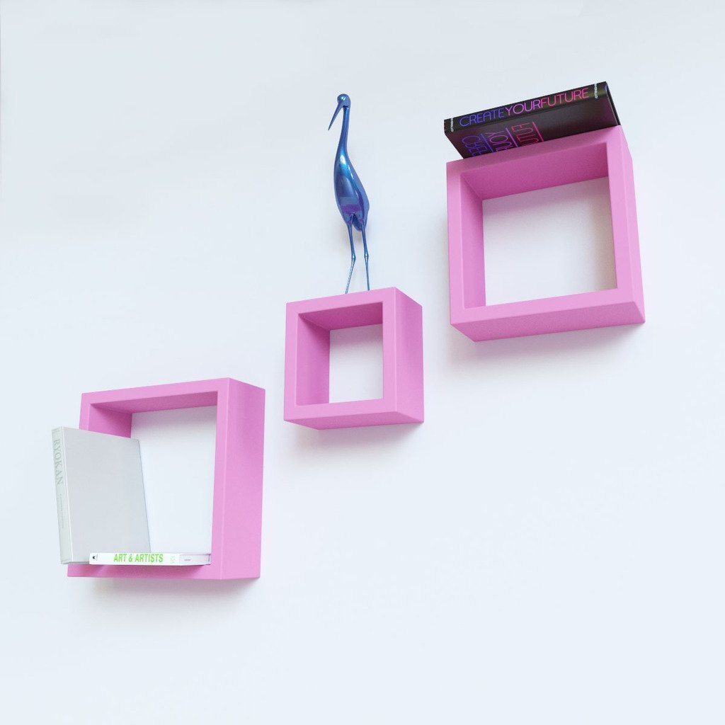 Set of 3 Nesting Square Floating Wall Shelves for Storage & Display – Pink