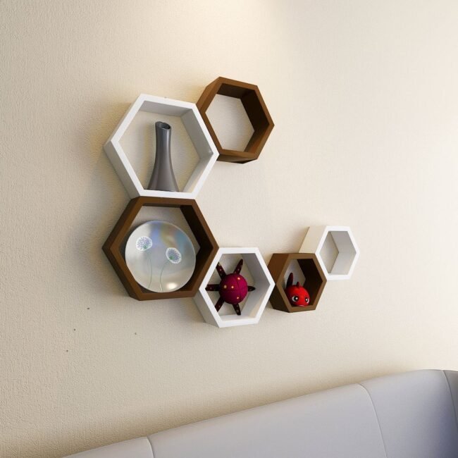 floating hexagon white brown shelves