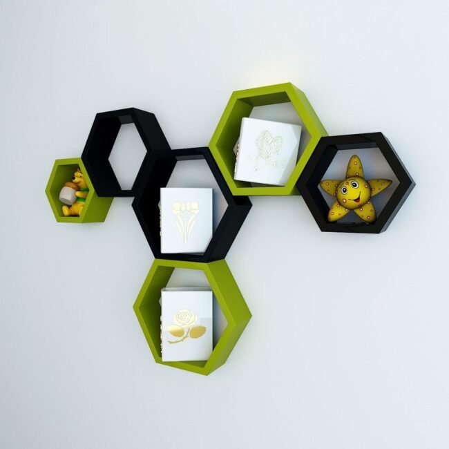 green black floating hexagon wall shelves