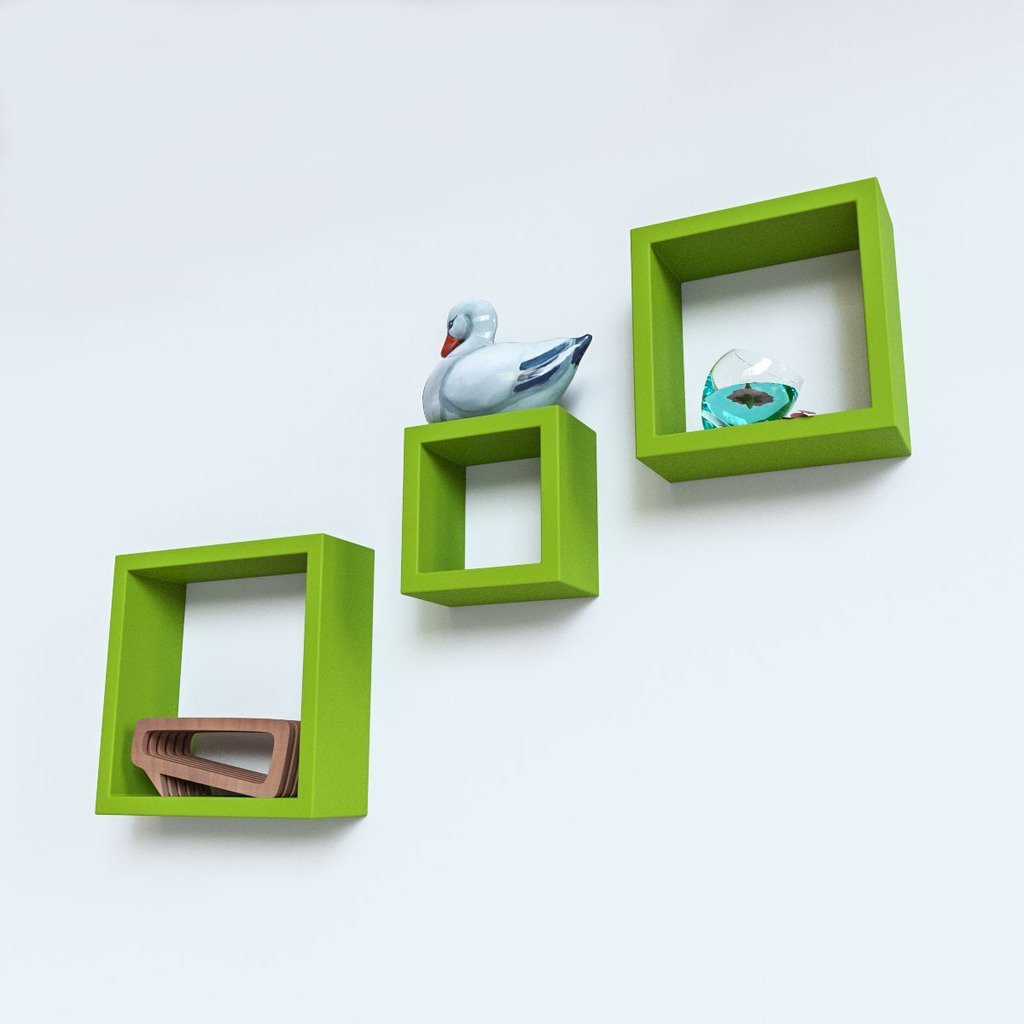 Set of 3 Nesting Square Floating Wall Shelves for Storage & Display – Green