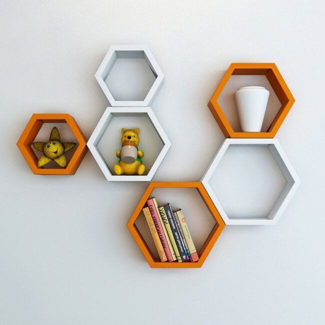 orange white set of 6 hexagon wall shelves