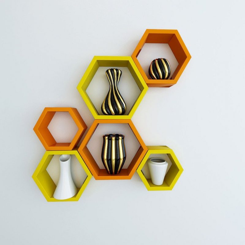 Set of 6 Decorative Hexagon Wall Shelves Unit Orange & Yellow