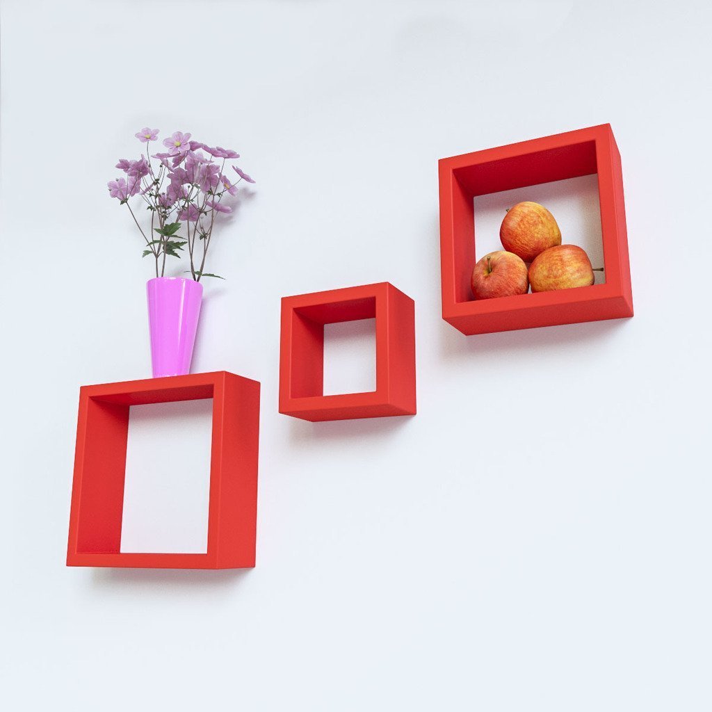 Set of 3 Nesting Square Floating Wall Shelves for Storage & Display – Red
