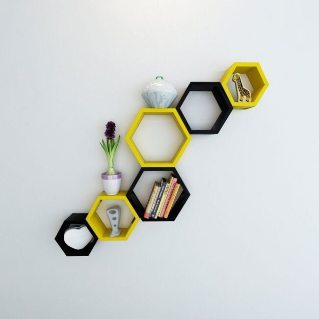 room decor hexagon yellow black shelves