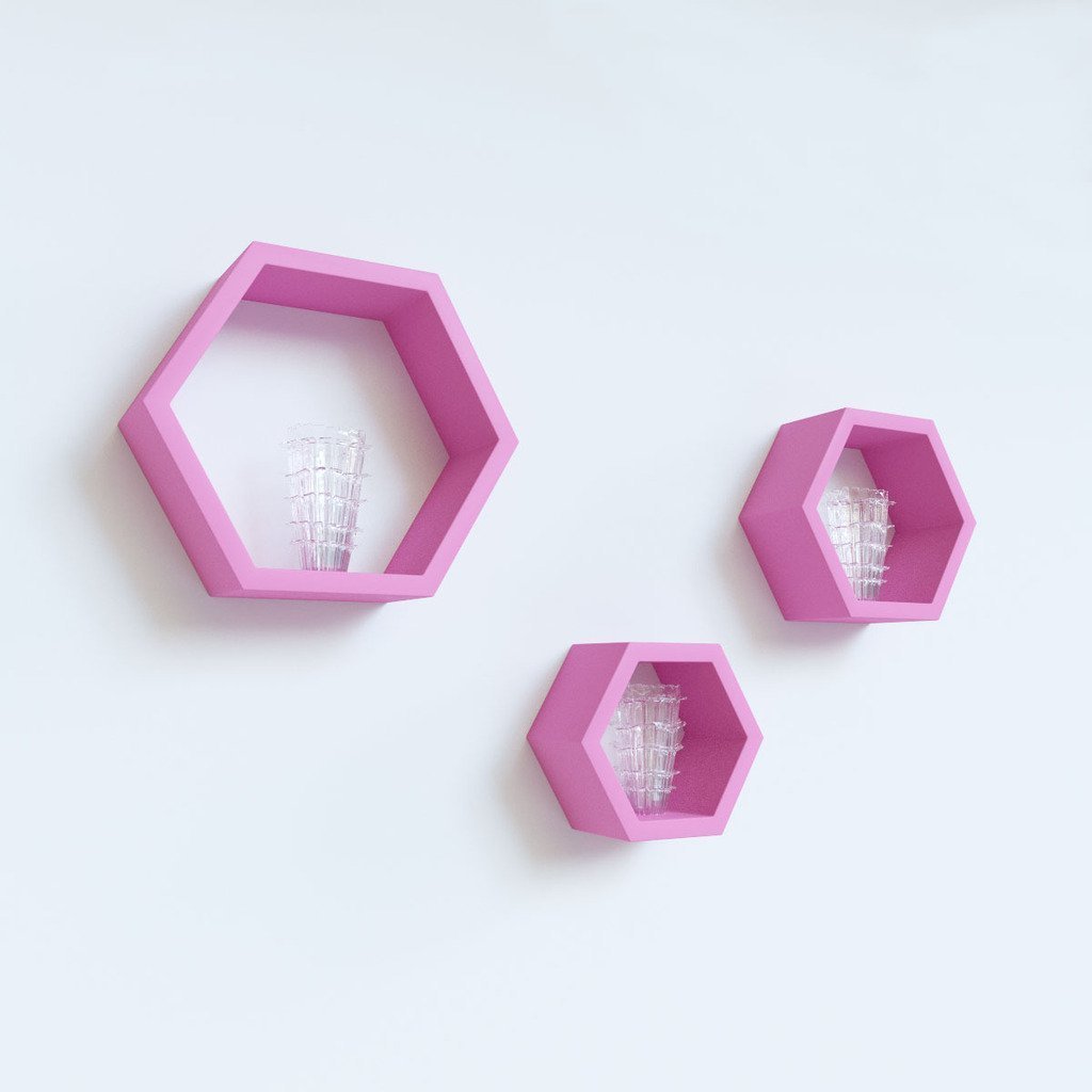 Set Of 3 Hexagon Wall Shelves for Storage & Display – Pink