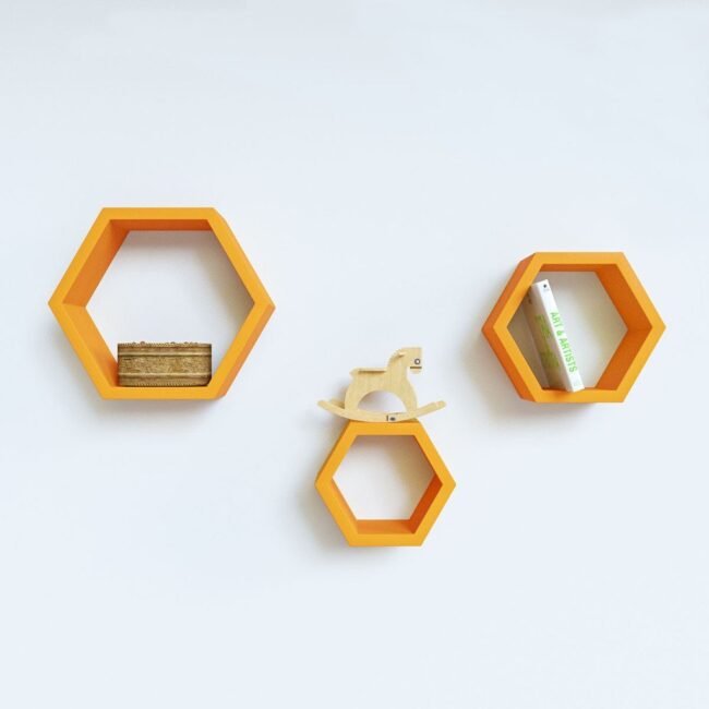 set of 3 orange hexagon wall shelves for bedroom decor