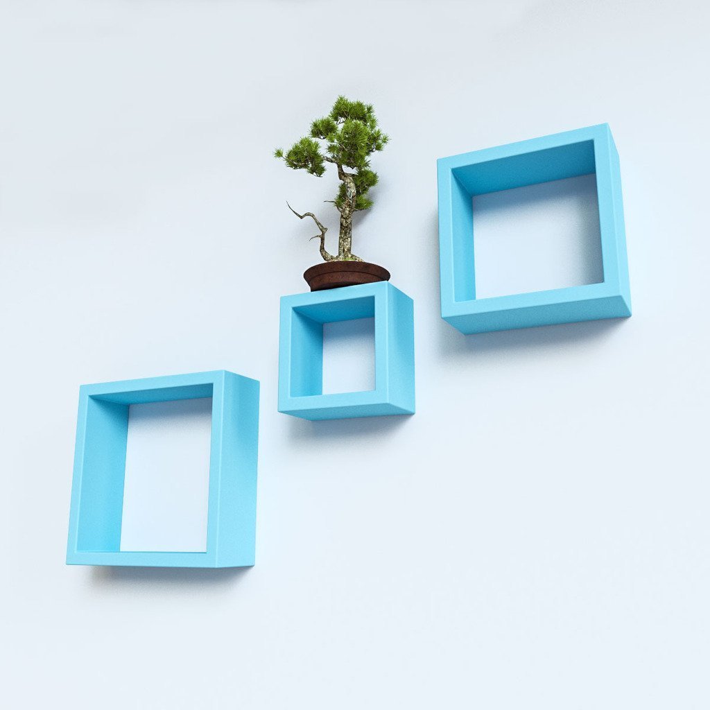 Set of 3 Nesting Square Floating Wall Shelves for Storage & Display – Sky Blue