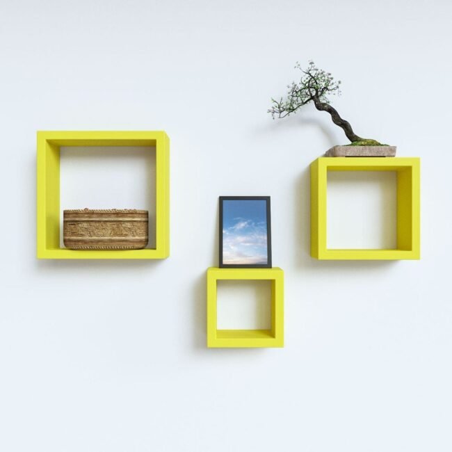 set of 3 yellow cube wall racks for living room