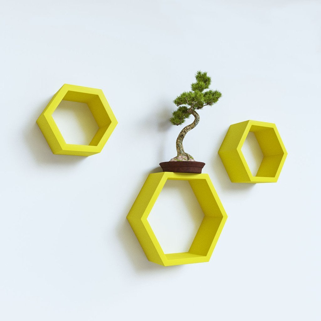 Set Of 3 Hexagon Wall Shelves for Storage & Display – Yellow