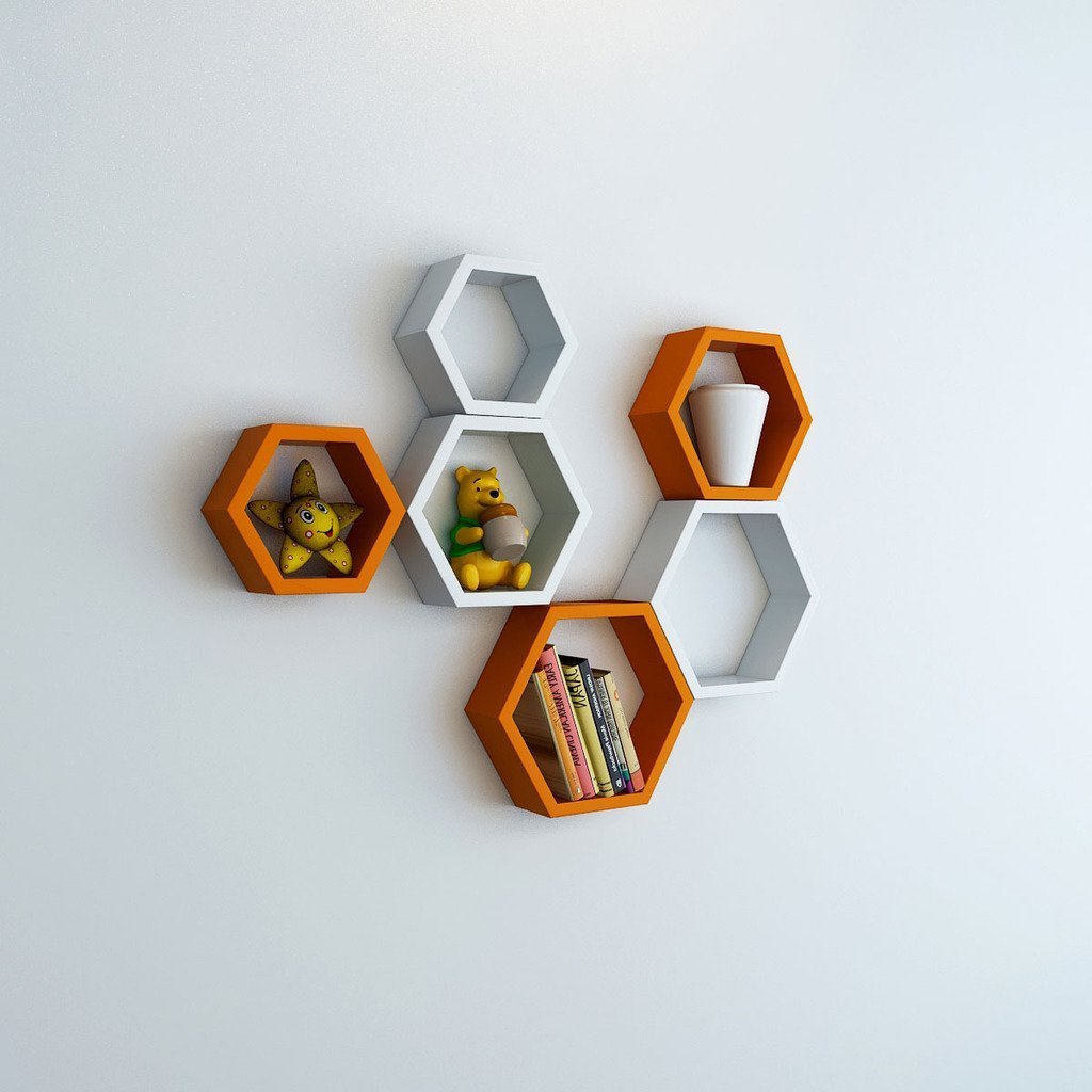 Set Of 6 Hexagon Wall Shelves for Storage & Display – Orange & White