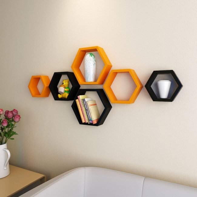 set of 6 hexagon black orange wall shelves