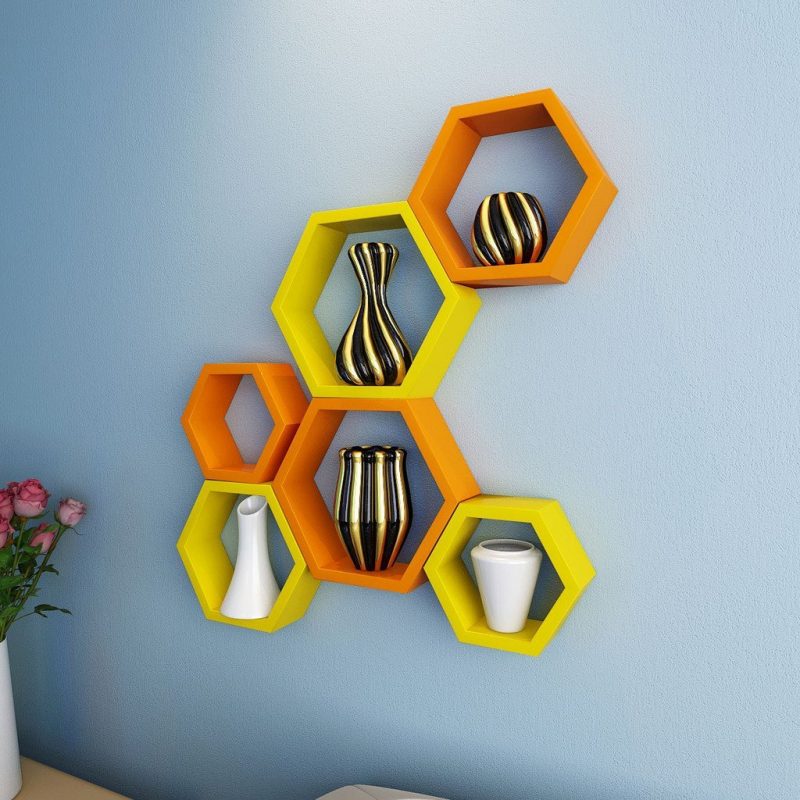 Set of 6 Decorative Hexagon Wall Shelves Unit Orange & Yellow