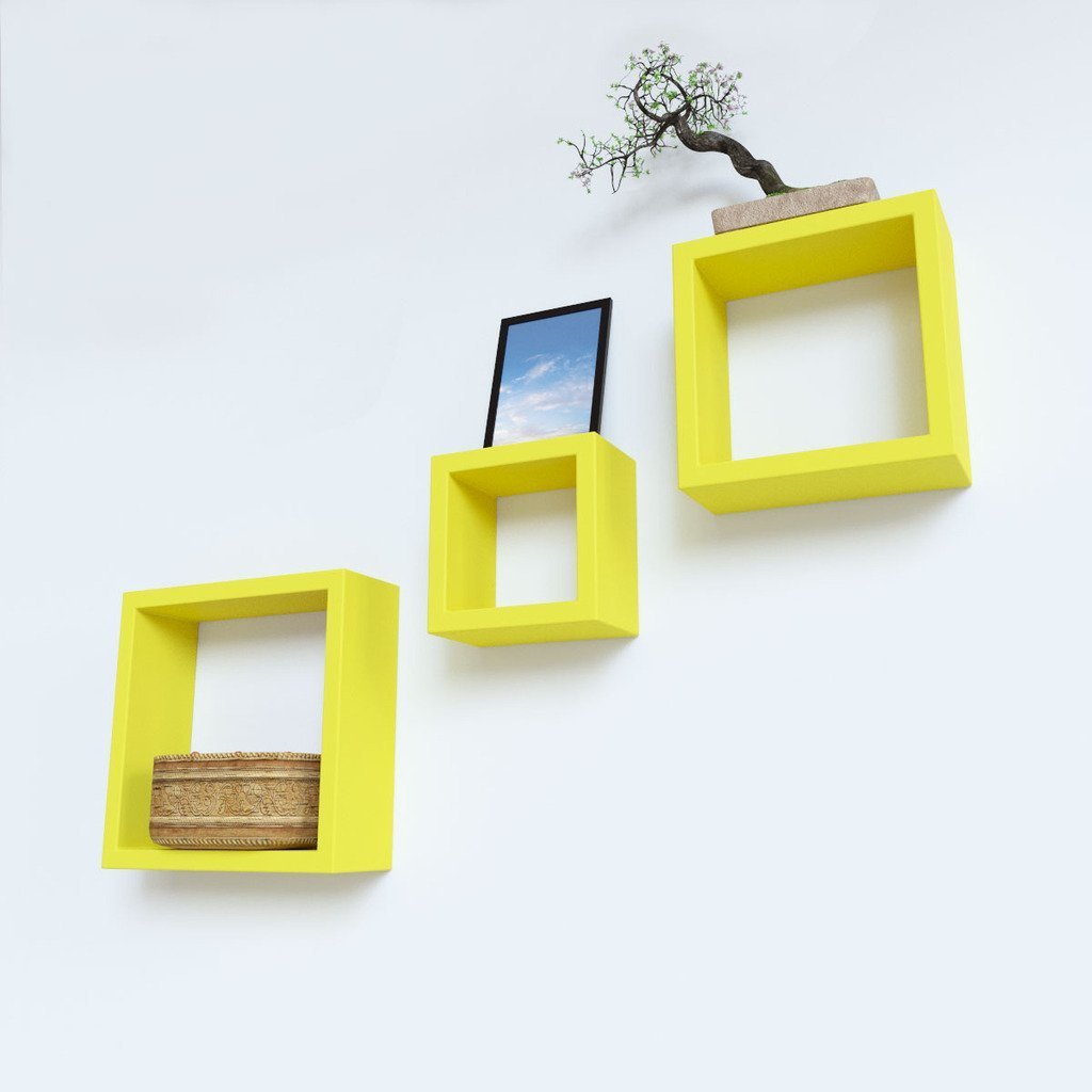 Set of 3 Nesting Square Wall Shelves for Storage & Display – Yellow