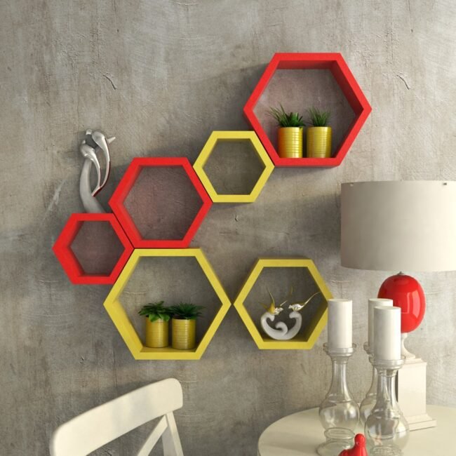 bedroom furniture wall shelves red yellow