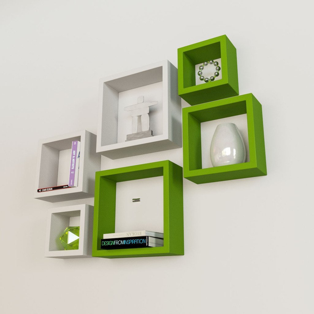Set Of 6 Nesting Square Floating Wall Shelves for Storage & Display – Green & White