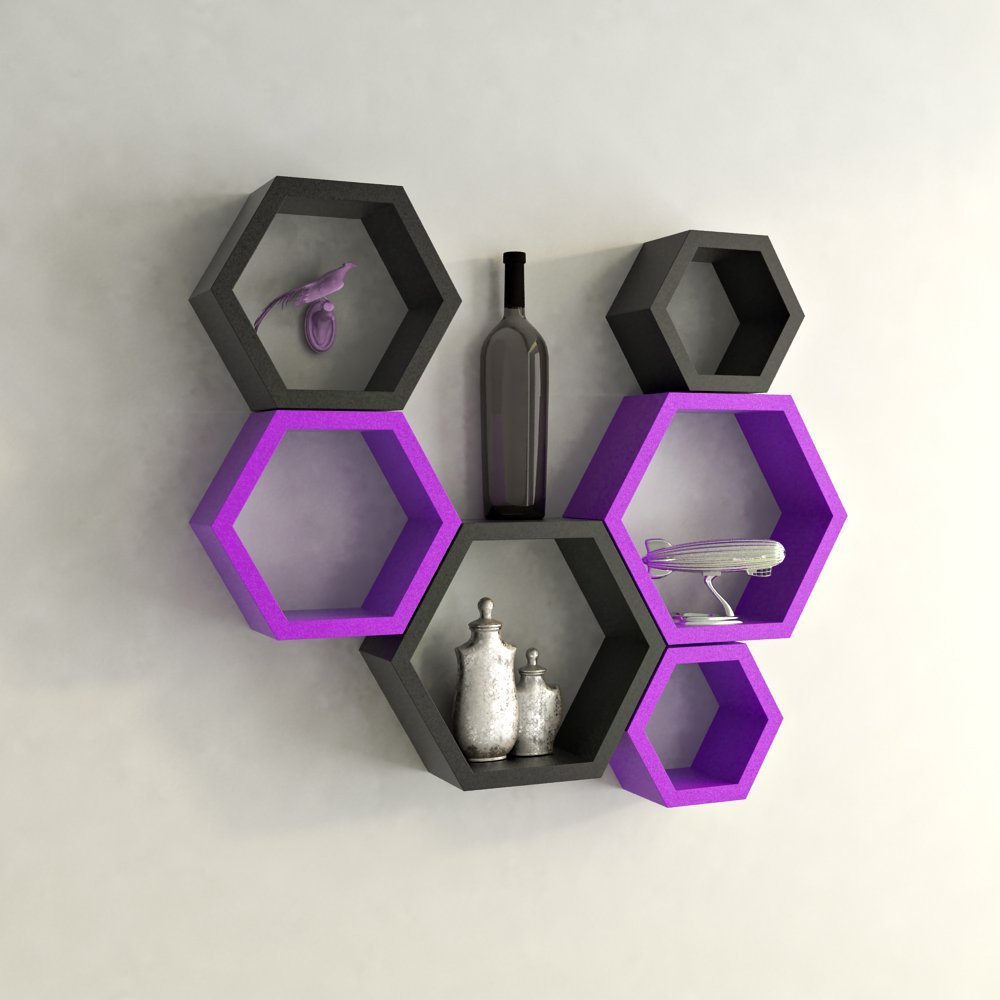 Set Of 6 Hexagon Wall Shelves for Storage & Display – Purple & Black